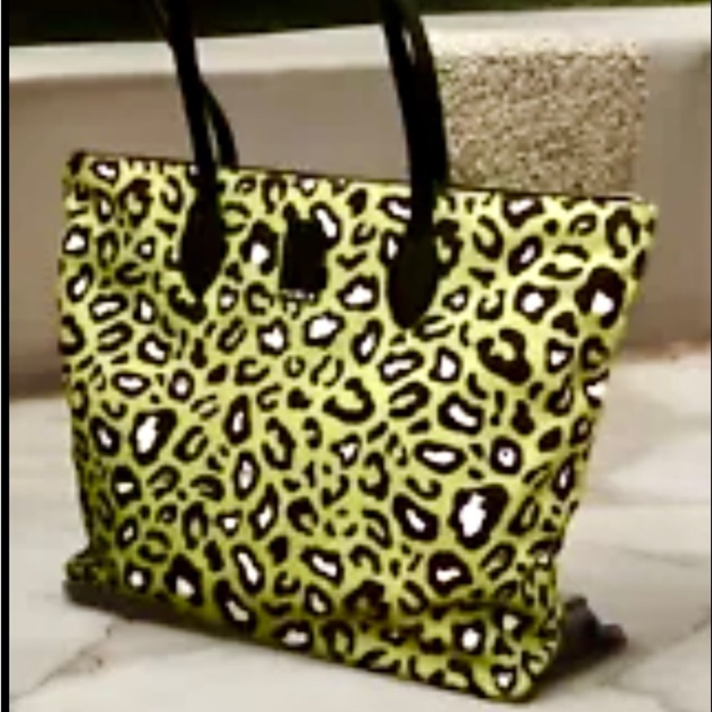 Furla Leopard Cheetah Print Avocado Green Large Nylon Tote Carried Once Perfect
